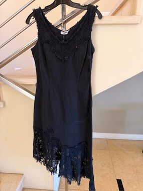 Vintage Moschino Black Asymmetrical Lace-Trim Dress